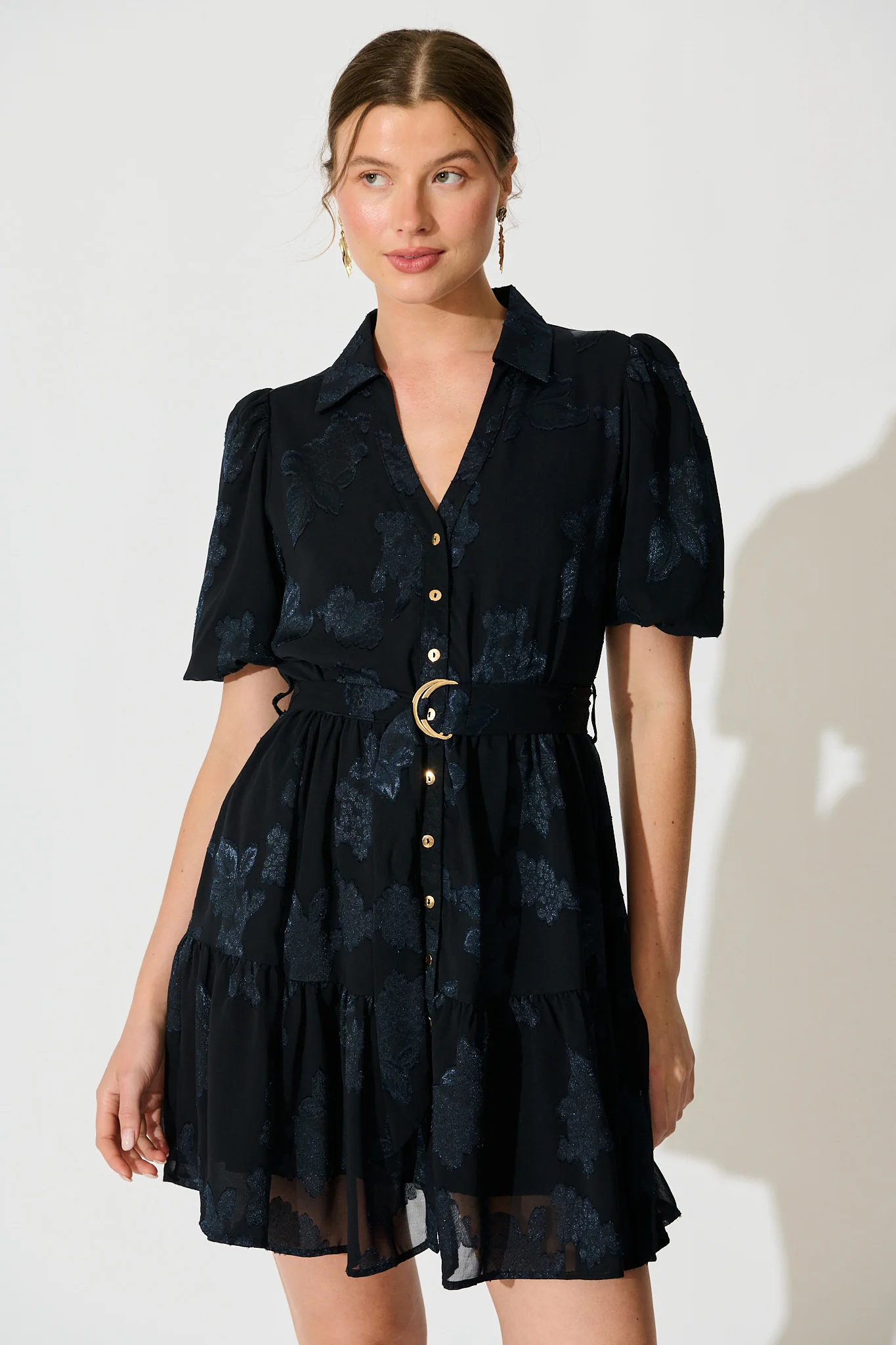 Whispered Grace Shirt Dress in Navy Burnout Chiffon - Image 2