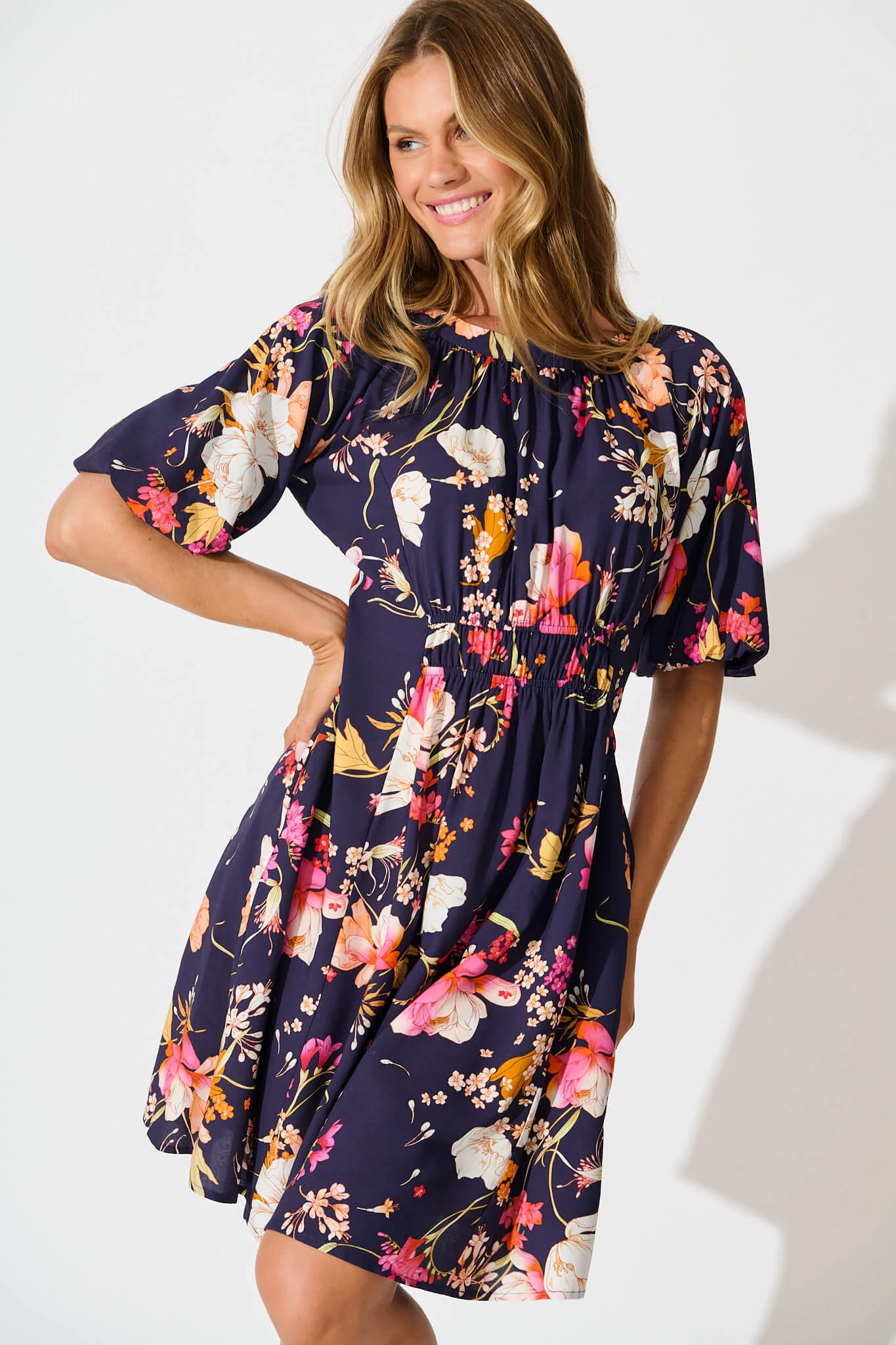 Whitney Dress In Navy with Multi Floral - Image 5