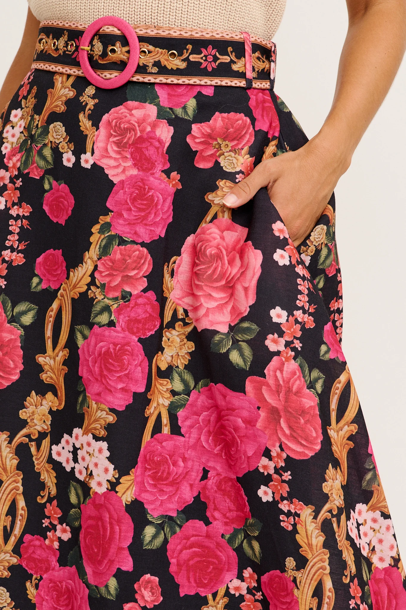 Wild Blossom Maxi Skirt in Black with Pink Floral Linen Blend - Image 10