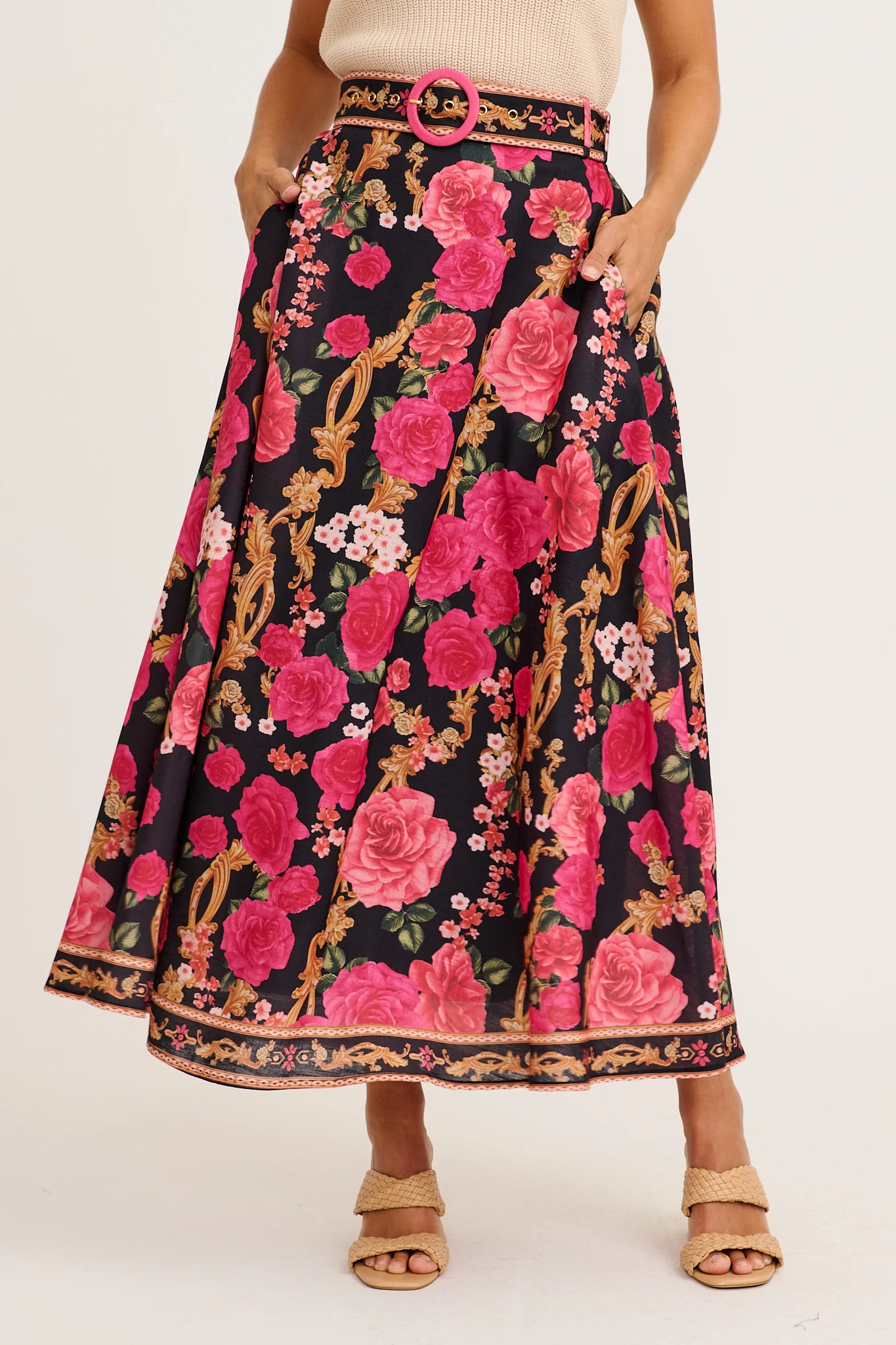 Wild Blossom Maxi Skirt in Black with Pink Floral Linen Blend - Image 3