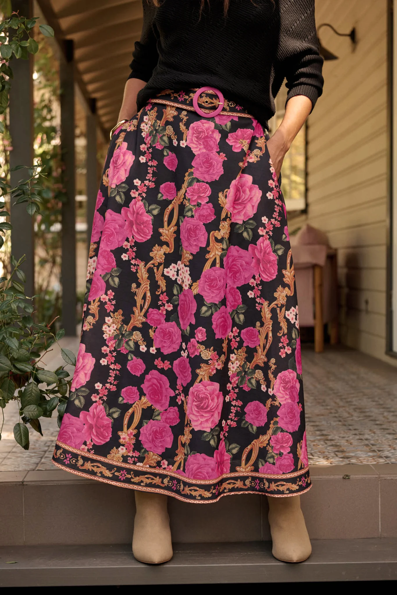 Wild Blossom Maxi Skirt in Black with Pink Floral Linen Blend - Image 5