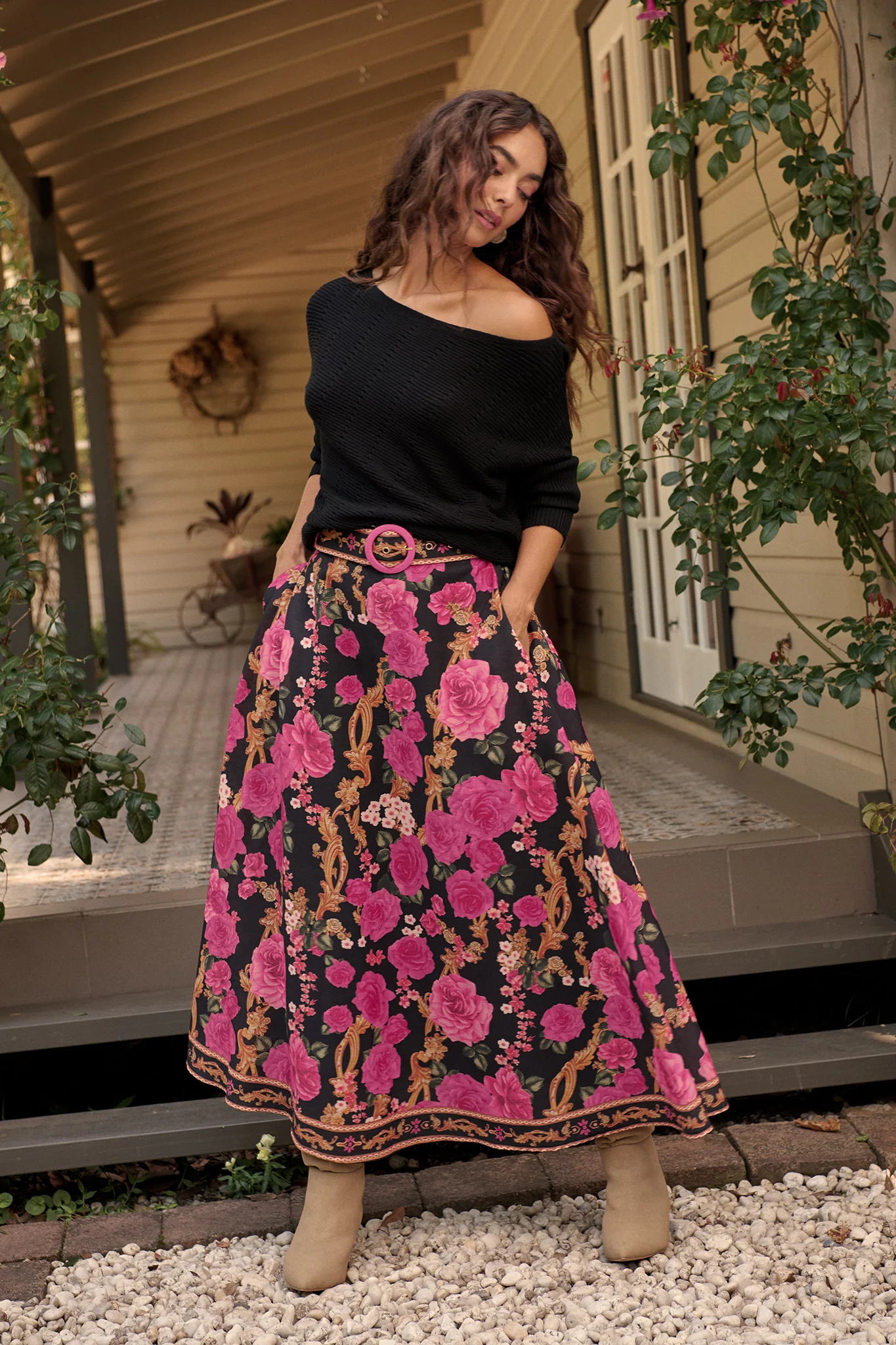 Wild Blossom Maxi Skirt in Black with Pink Floral Linen Blend - Image 6