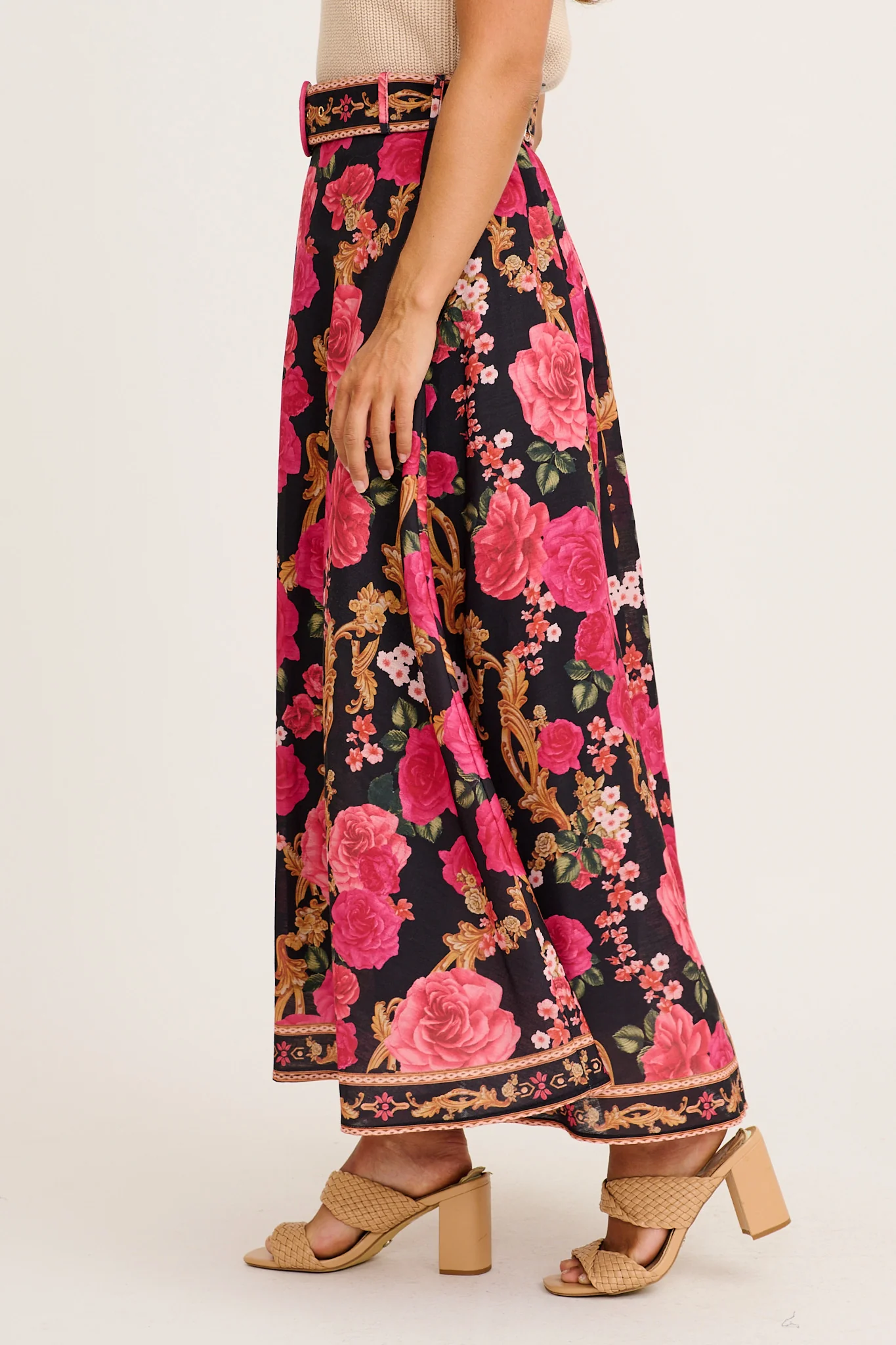 Wild Blossom Maxi Skirt in Black with Pink Floral Linen Blend - Image 7