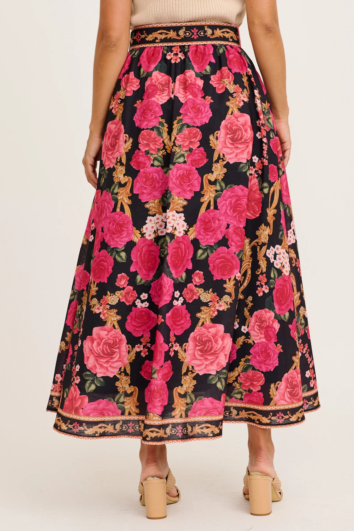 Wild Blossom Maxi Skirt in Black with Pink Floral Linen Blend - Image 8