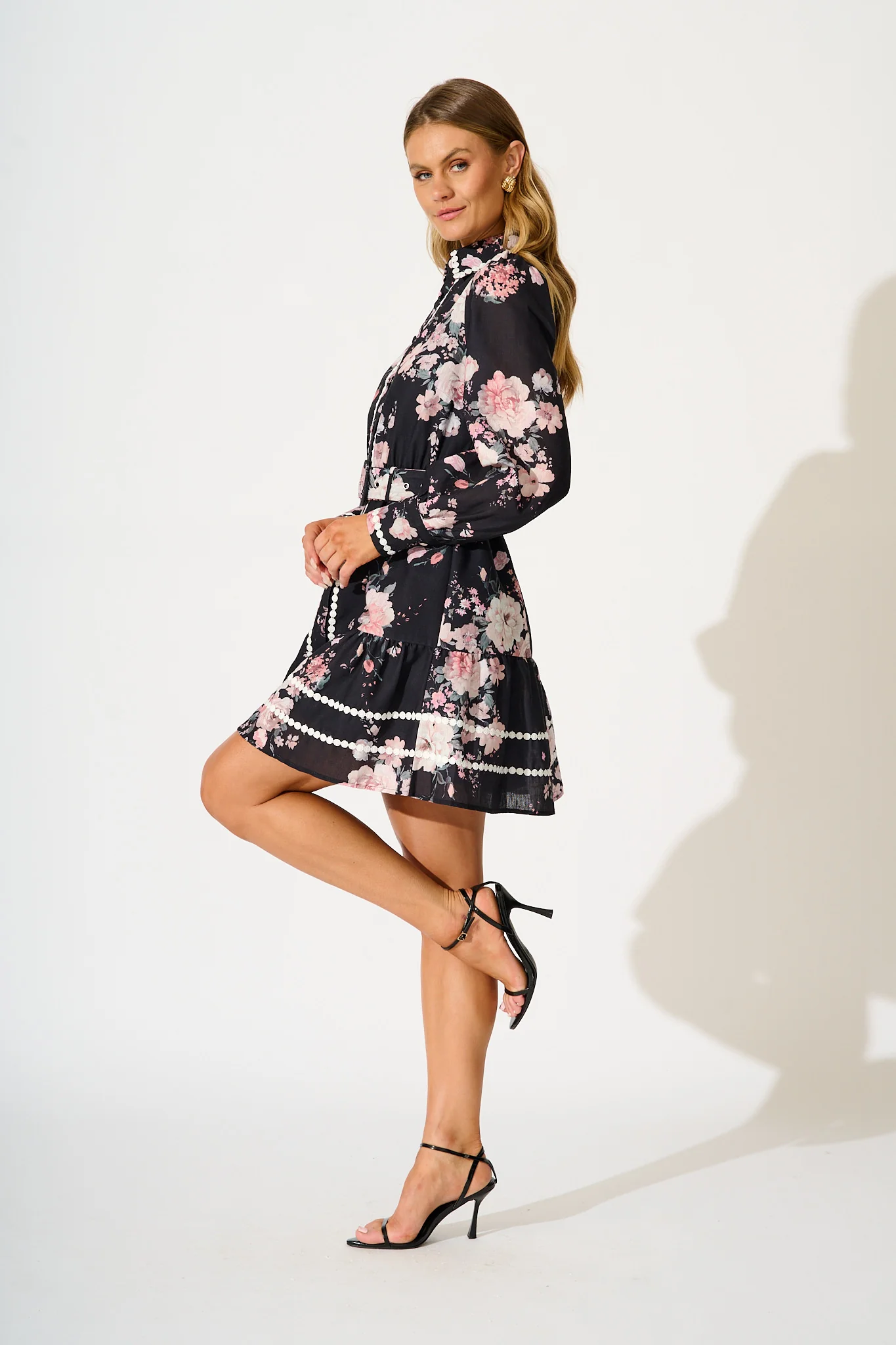 Wild Flower Muse Shirt Dress in Black with Blush Floral - Image 3