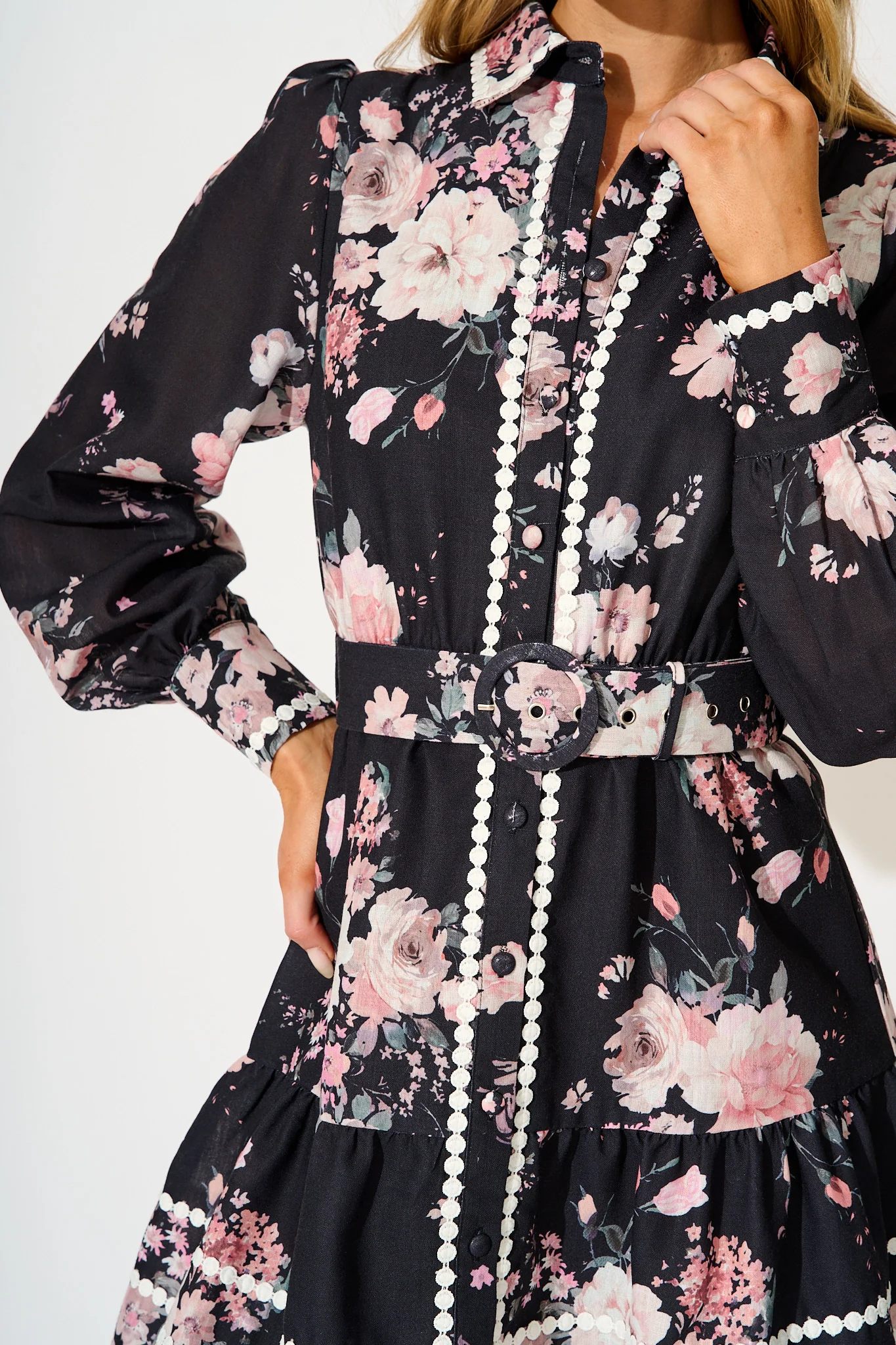 Wild Flower Muse Shirt Dress in Black with Blush Floral - Image 5