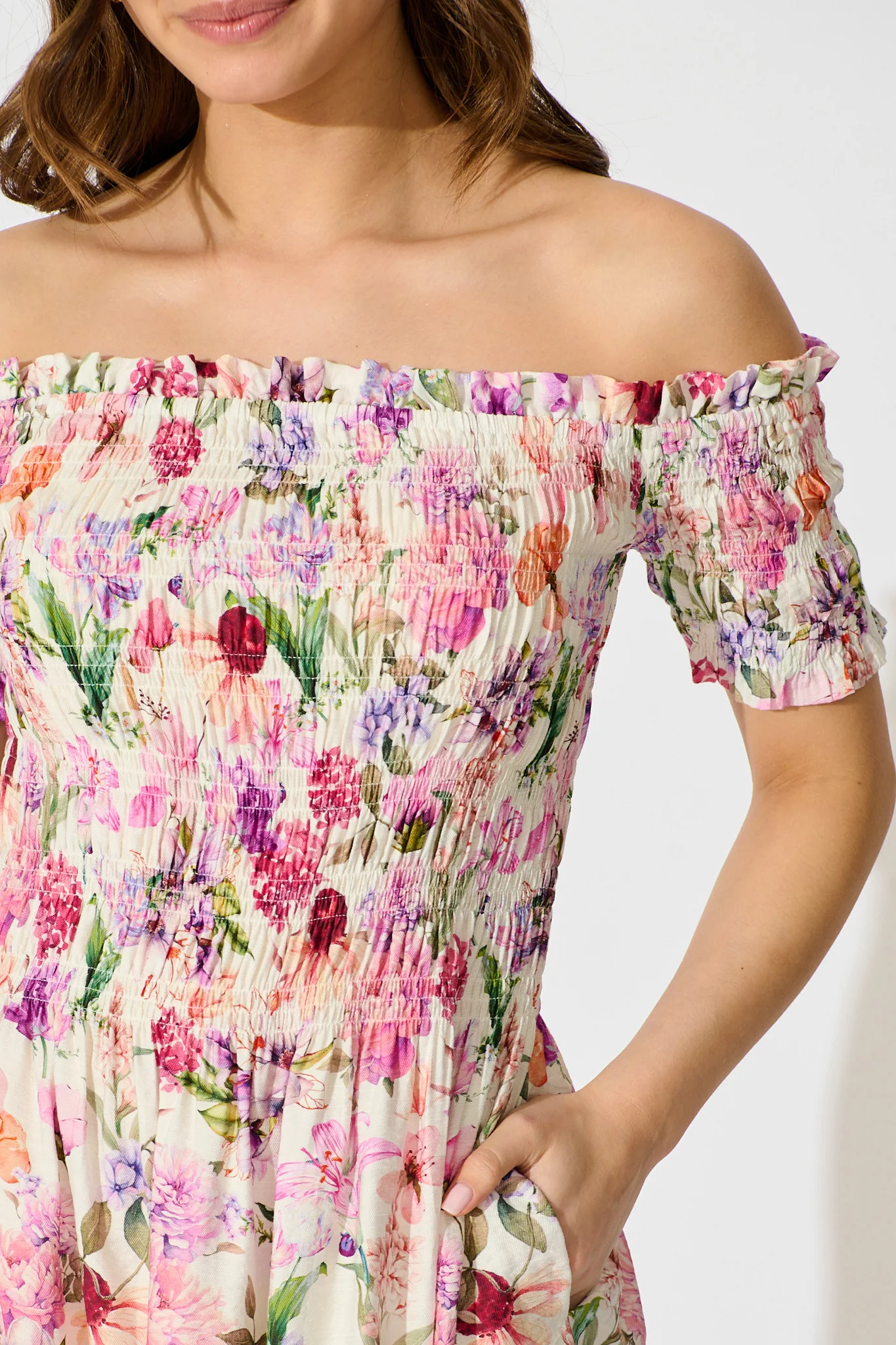 Wild Rose Whisper Dress in White with Lilac Floral - Image 5