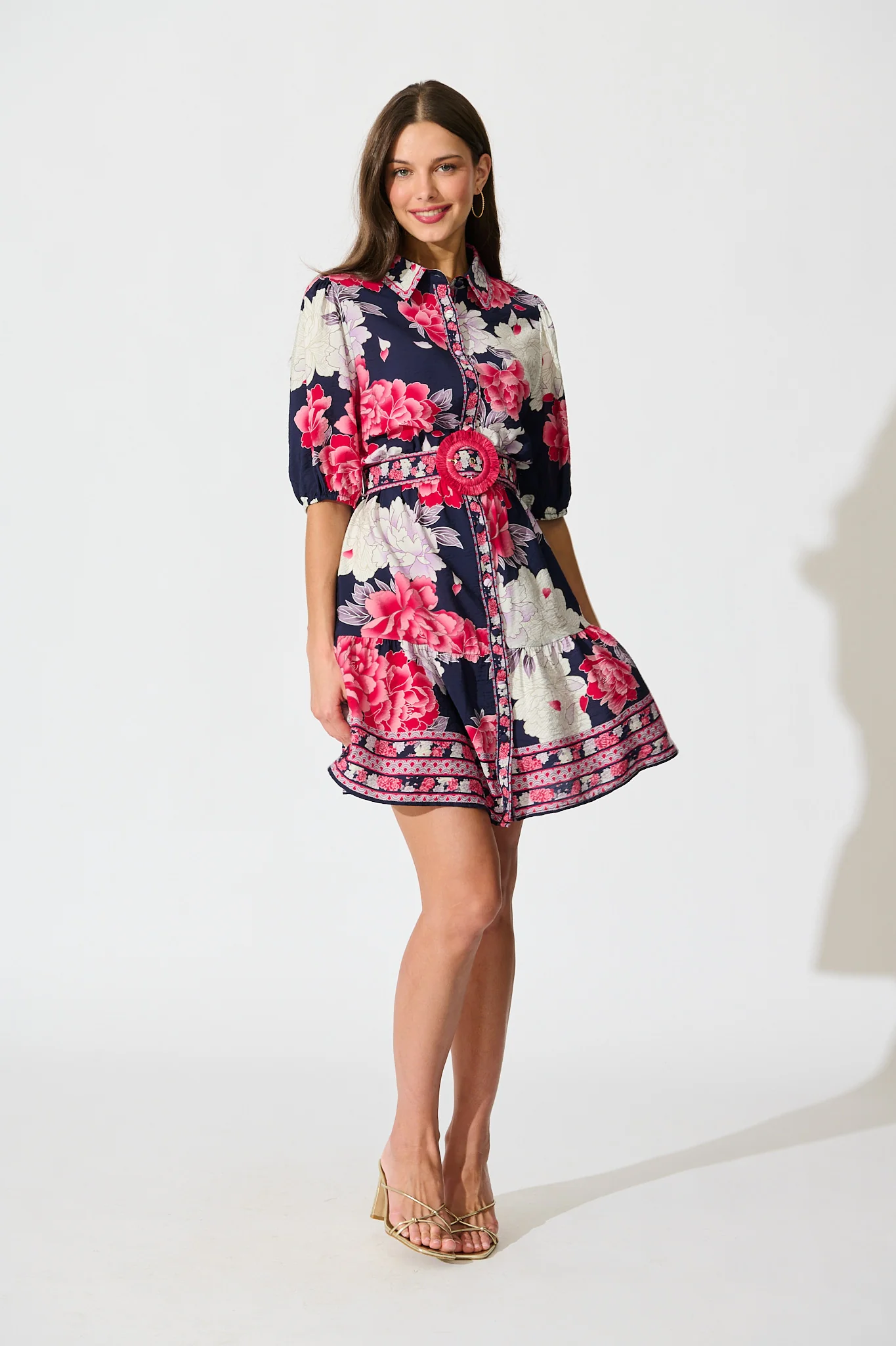 Wild Rosette Shirt Dress in Navy with Pink Floral