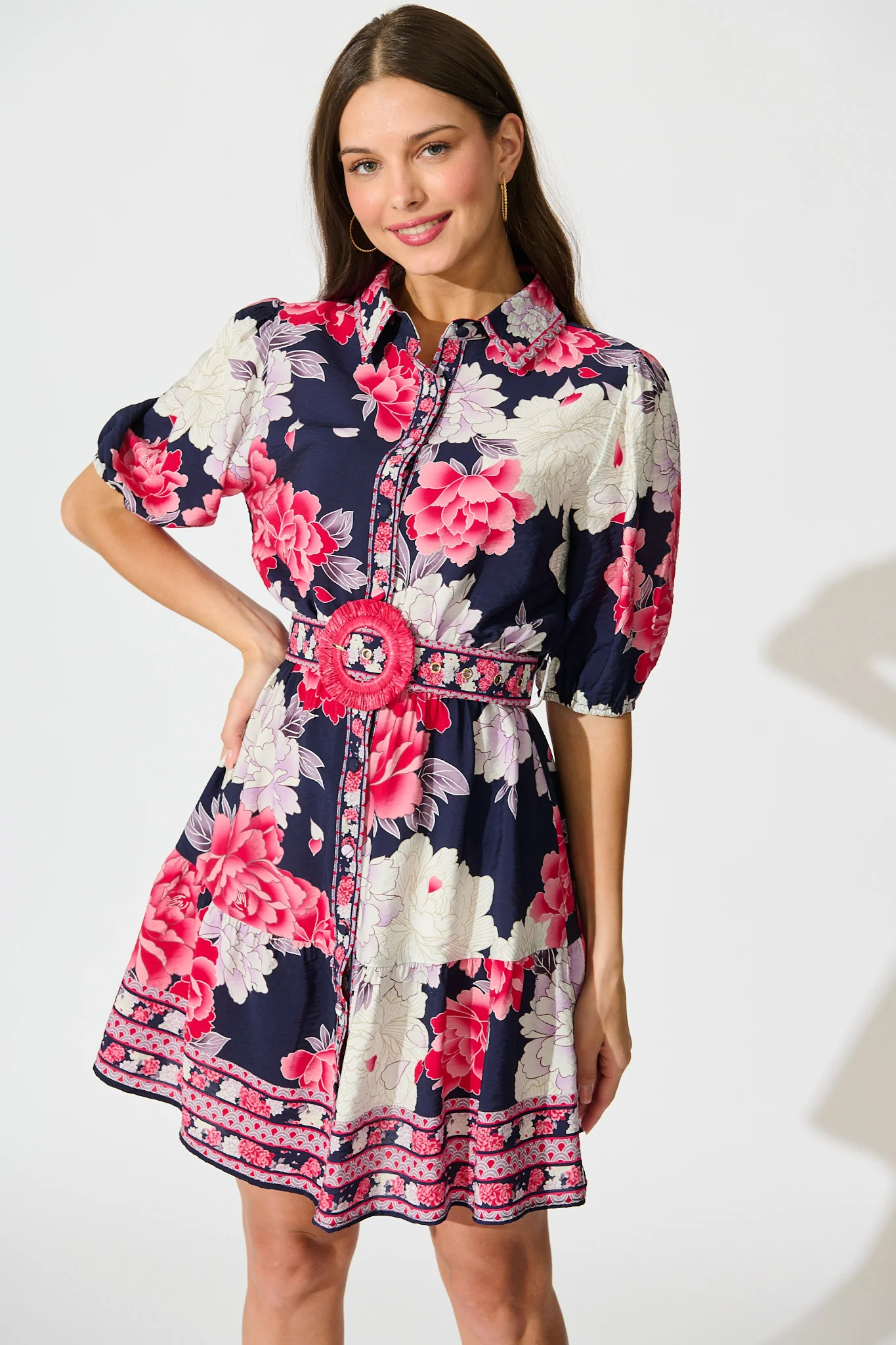 Wild Rosette Shirt Dress in Navy with Pink Floral - Image 2