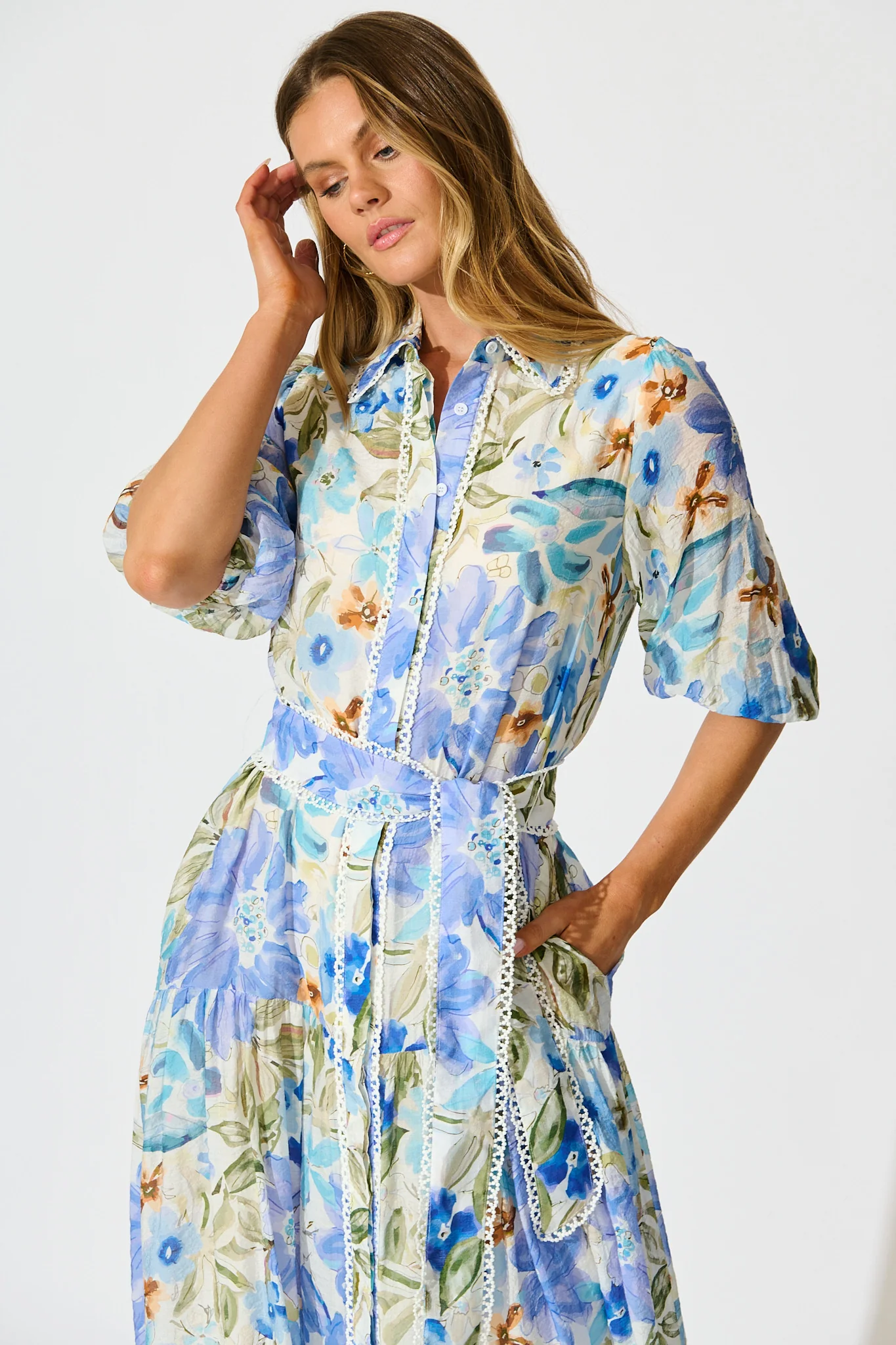 Wildflower Sky Midi Shirt Dress in Blue Floral - Image 2