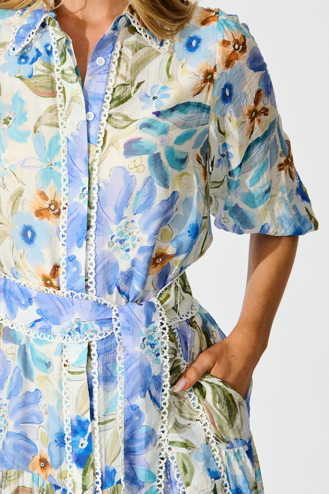 Wildflower Sky Midi Shirt Dress in Blue Floral - Image 5