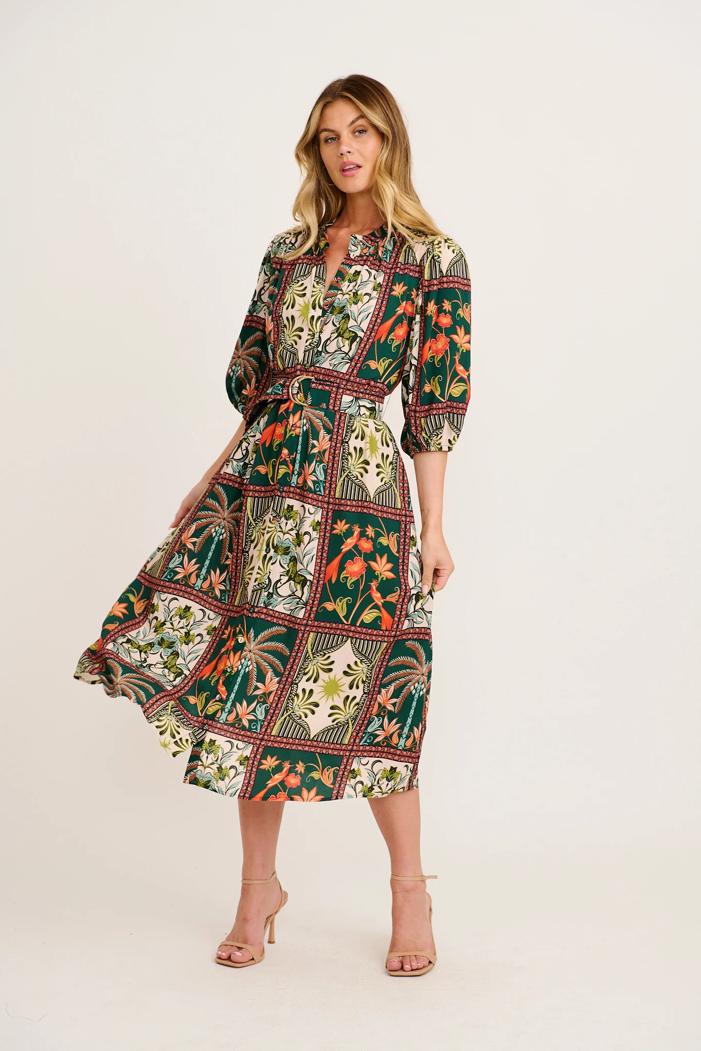 Wildflower Tiles Midi Shirt Dress in Green Tile Print
