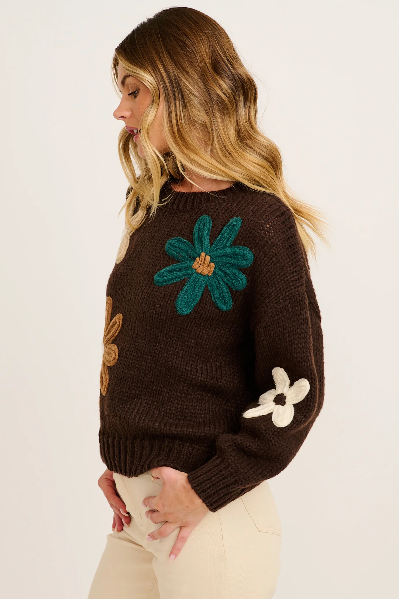 Winter Blossom Knit in Brown with Multi Flower Wool Blend - Image 2