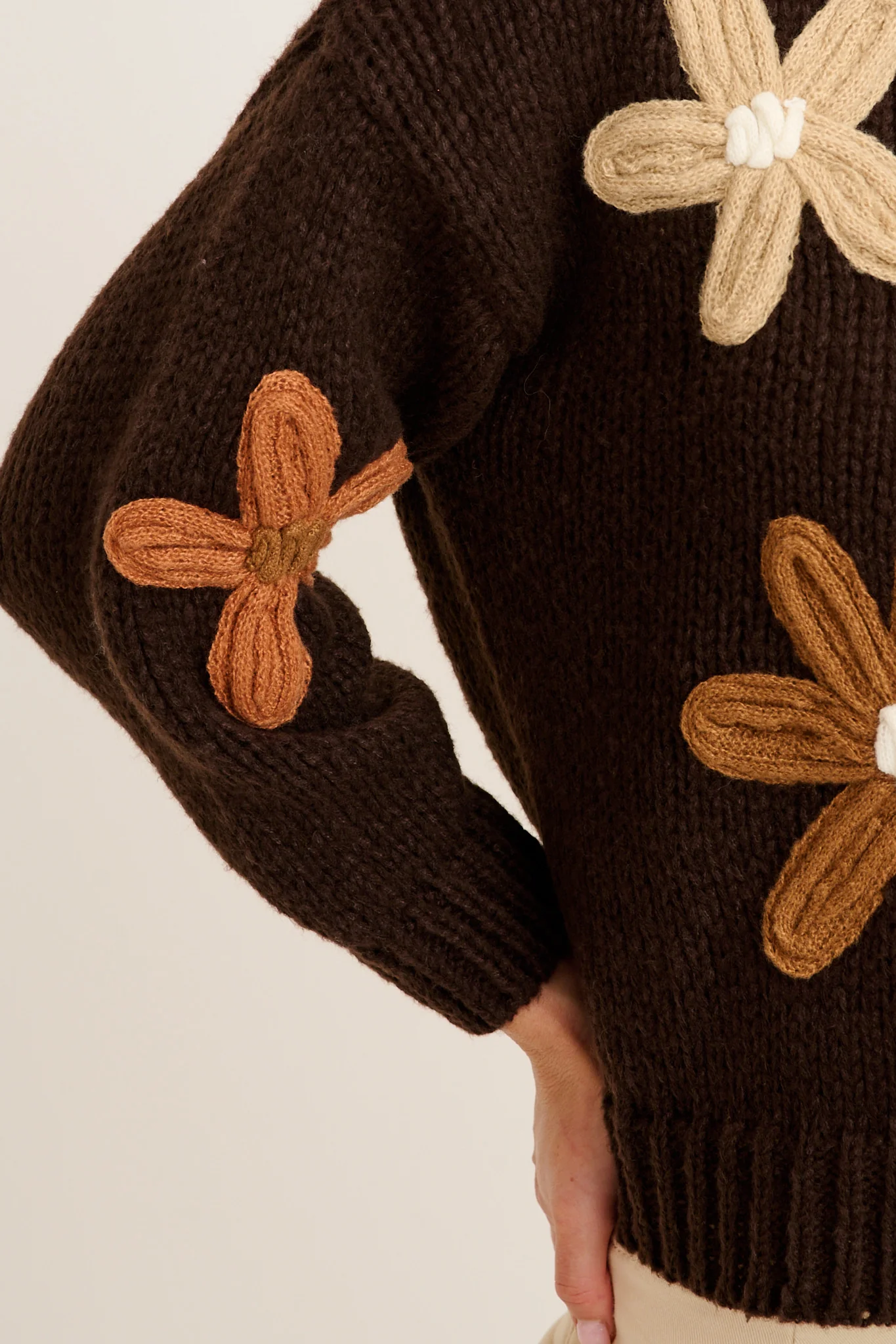 Winter Blossom Knit in Brown with Multi Flower Wool Blend - Image 5