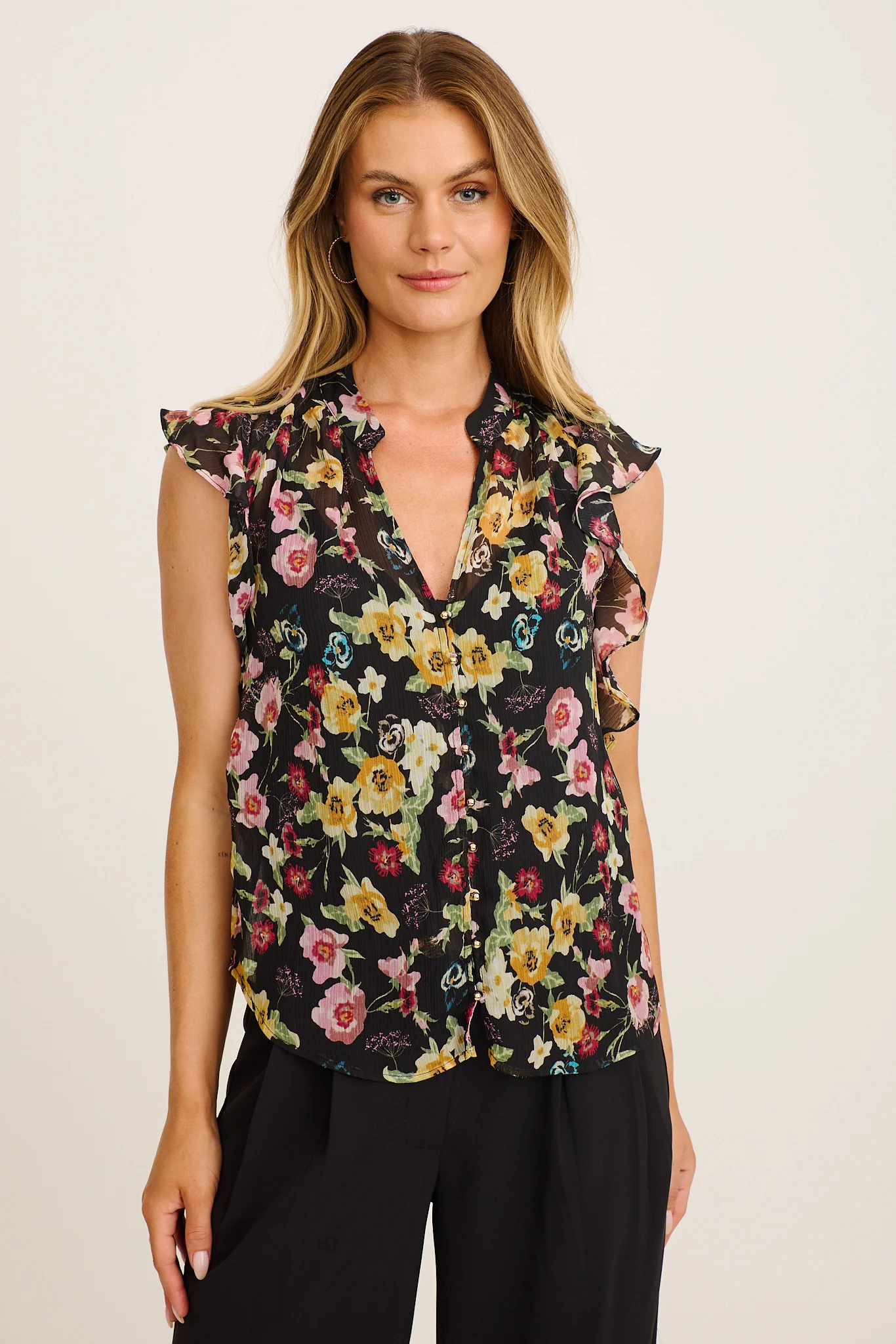 Workday Top in Black with Multi Floral Chiffon - Image 3
