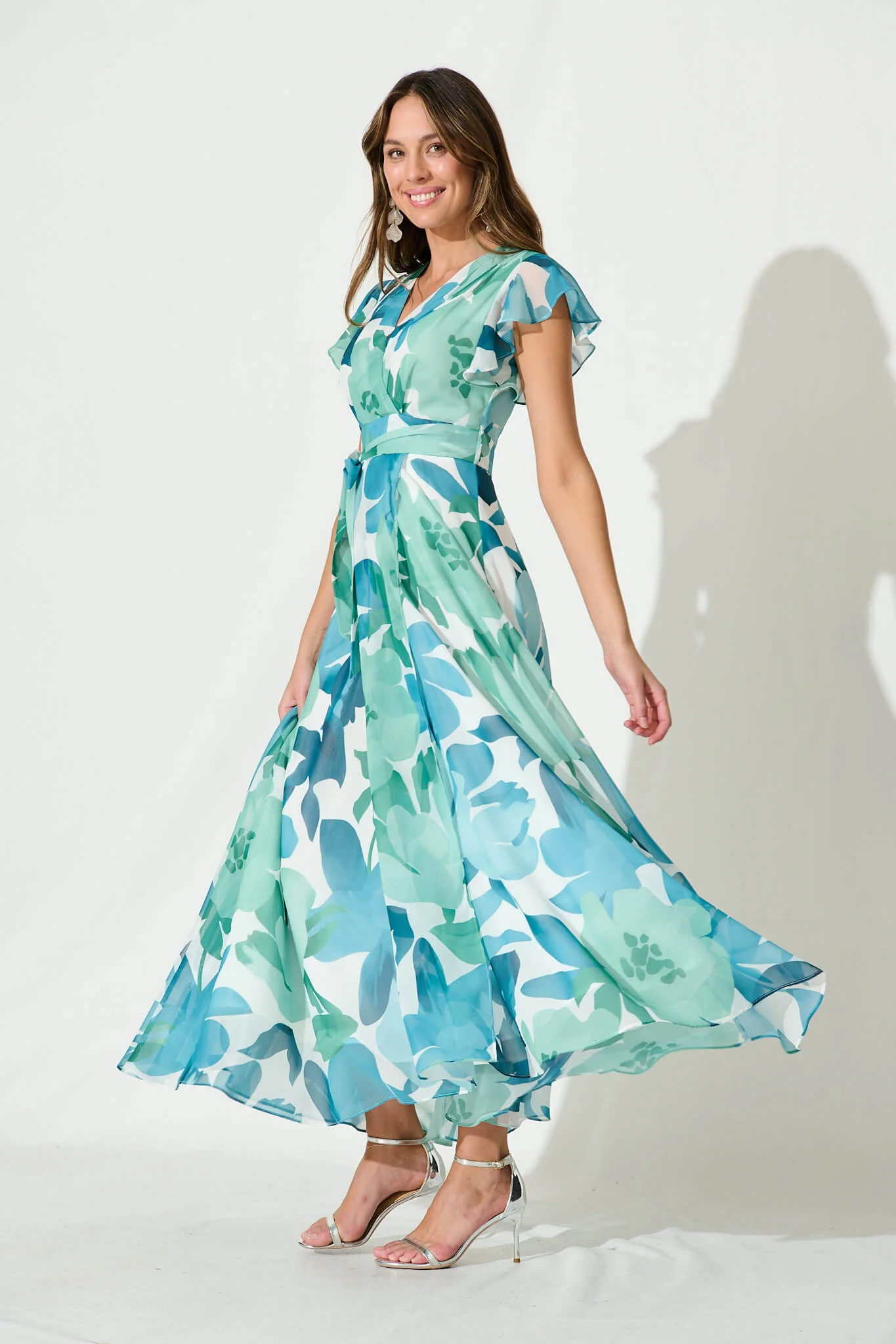 Wynter Maxi Dress In Green And Blue Floral Chiffon - Image 3