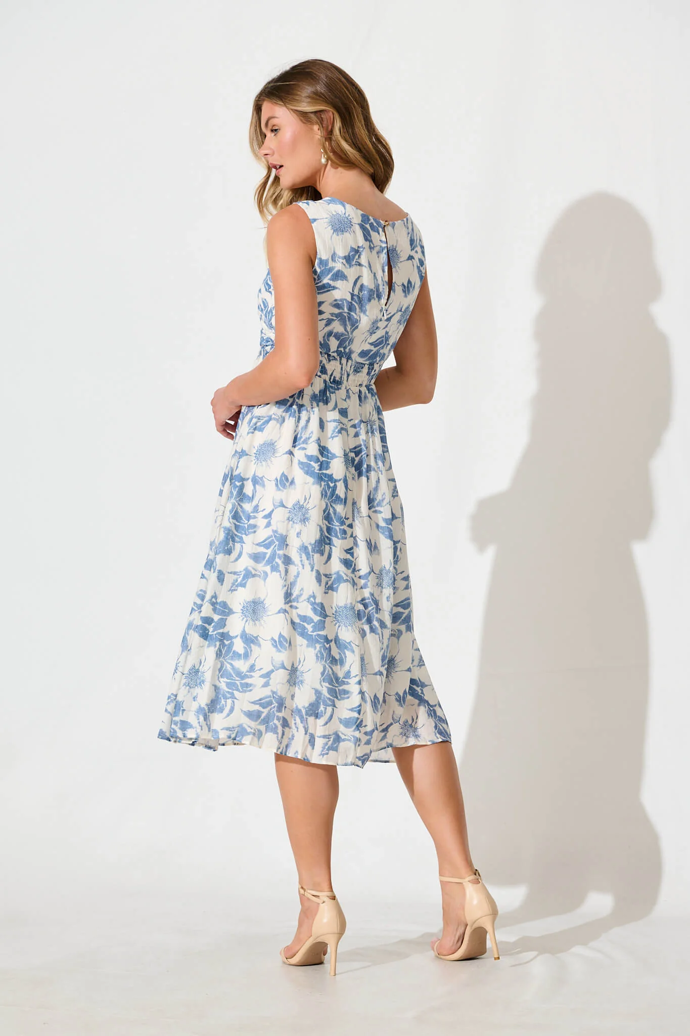 Xanthia Midi Dress in White with Blue Flower - Image 4