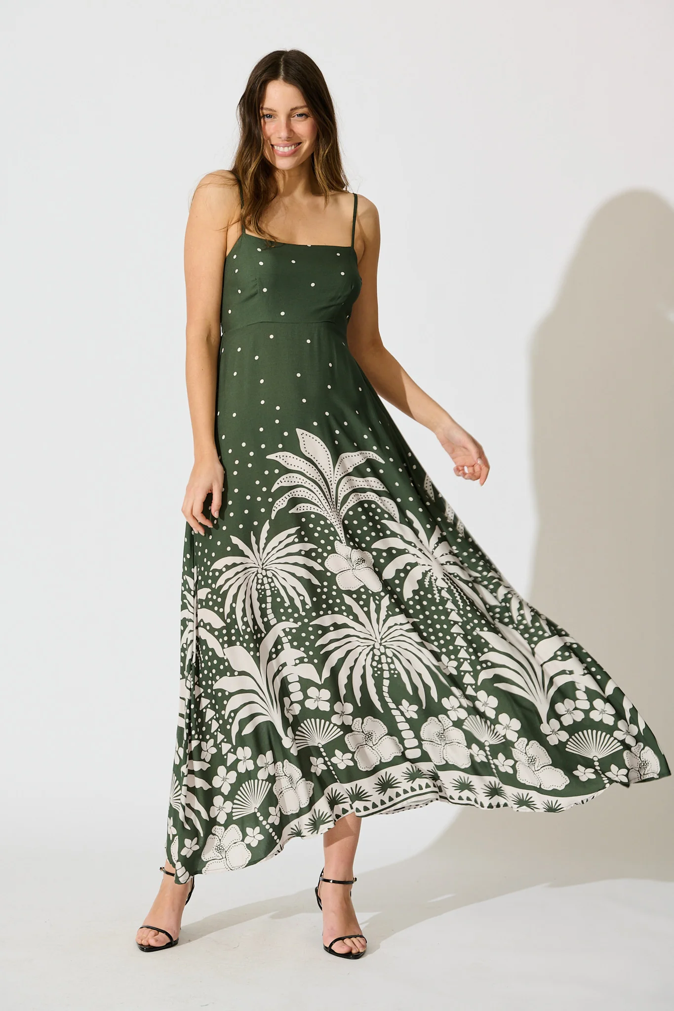 Yetta Maxi Sundress in Emerald with White Palm Print