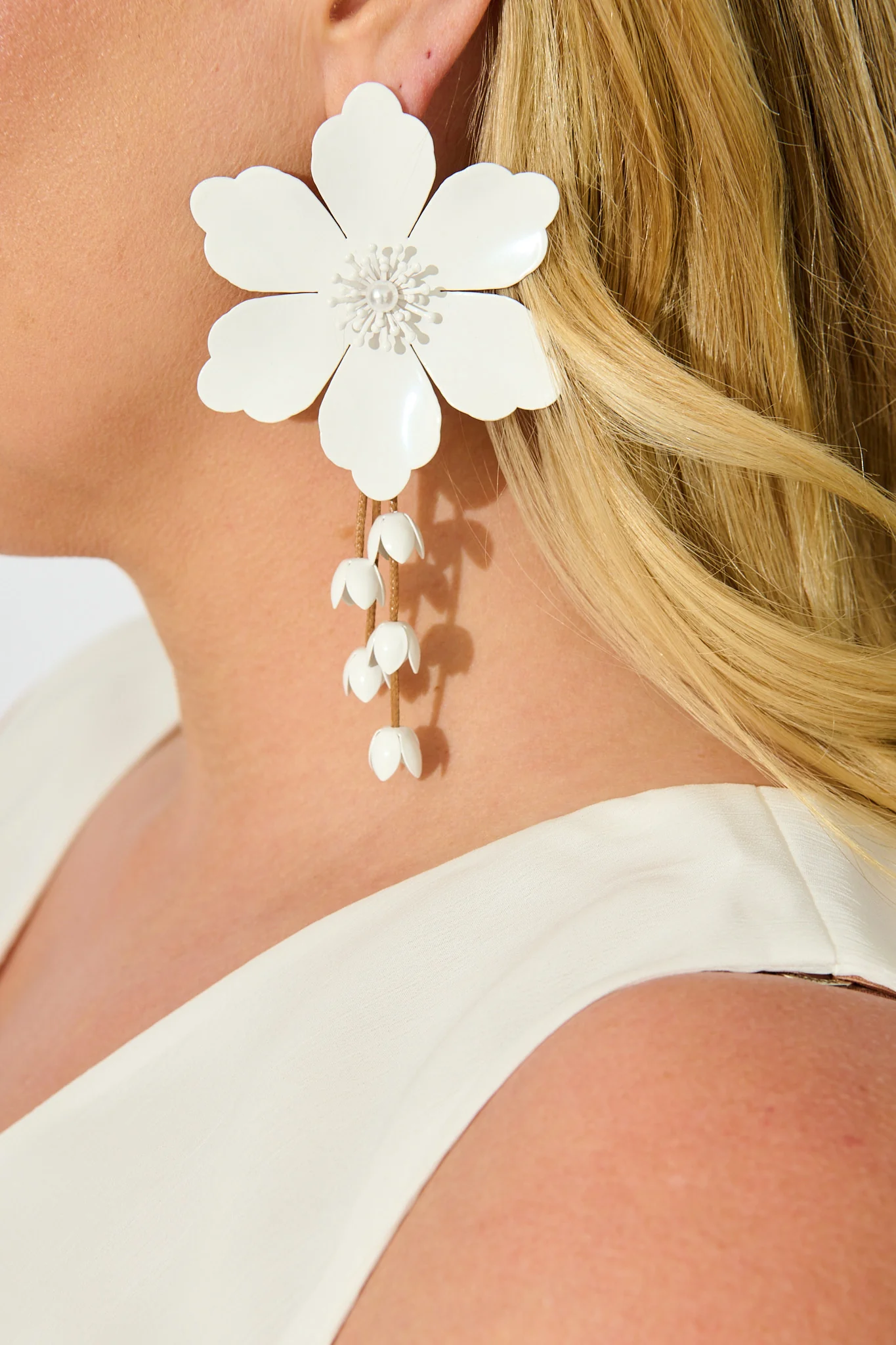 Yuki Earrings in White Blossom with Dangling Petals - Image 7