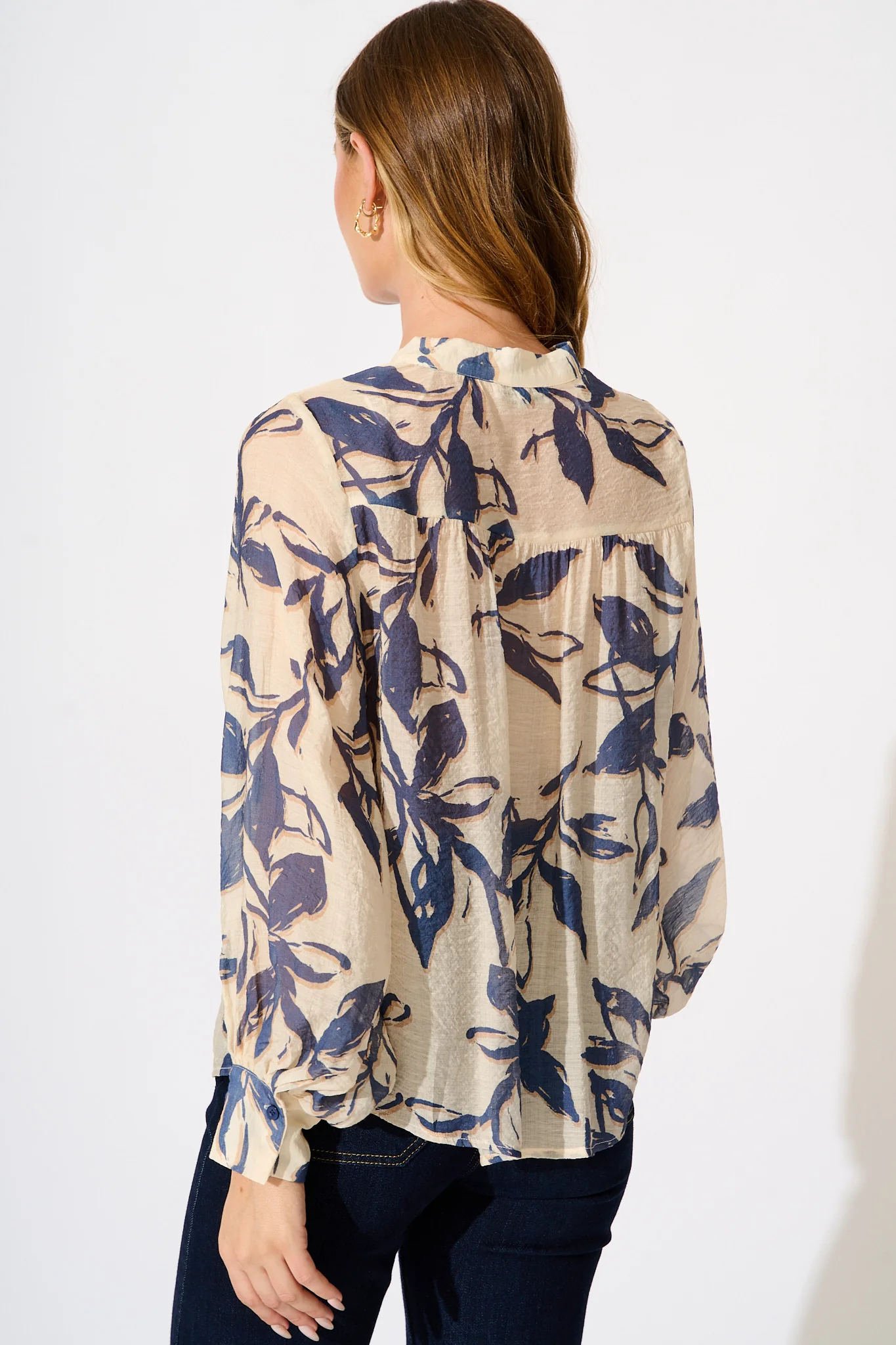 Yulia Top in Cream with Blue Leaf Print - Image 3