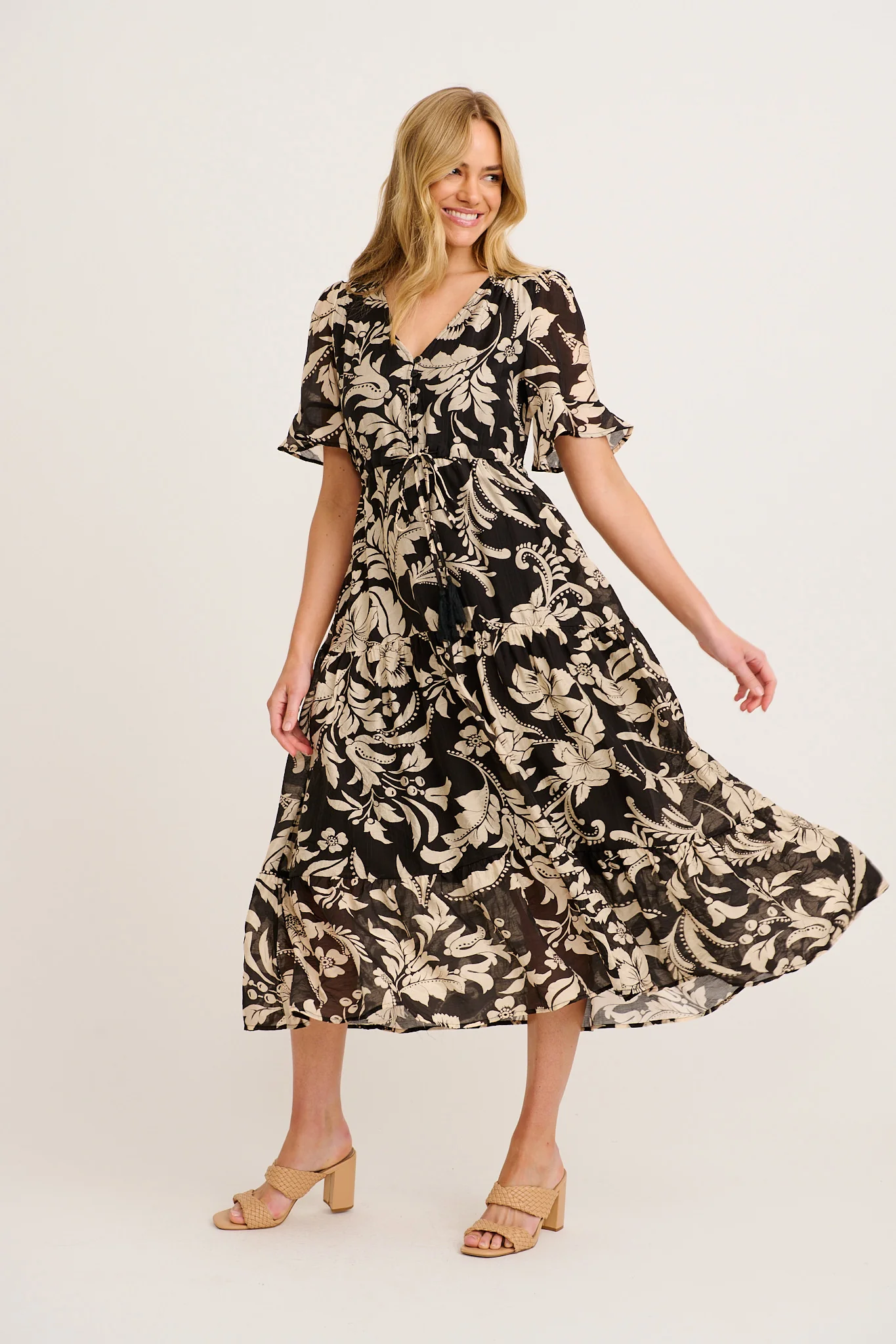 Zaelle Midi Dress in Black with Cream Floral - Image 3