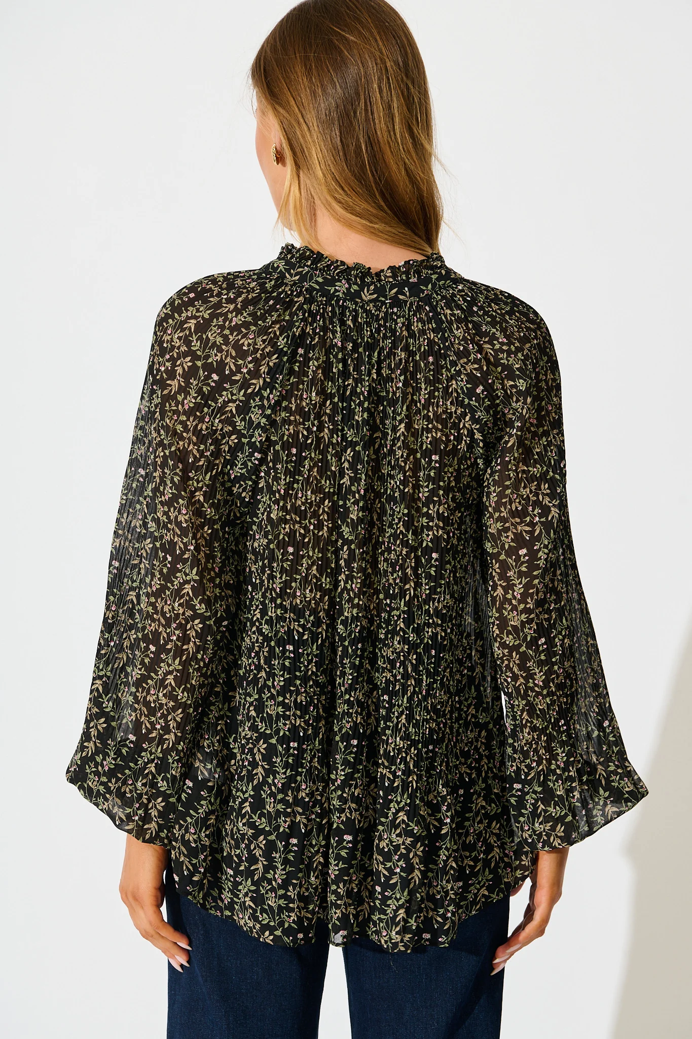 Zahara Top in Black Multi Floral Plisse - Image 3