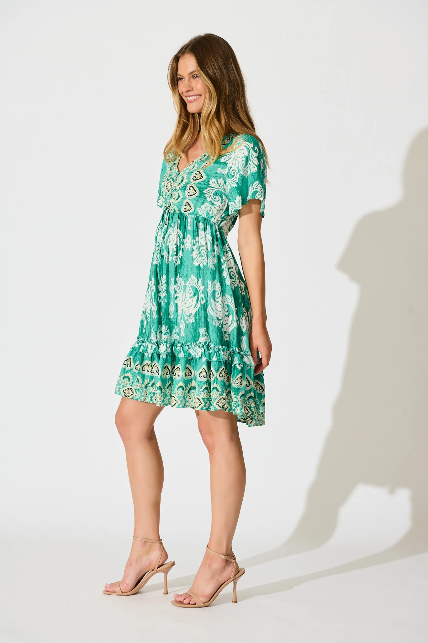 Zanayah Dress in Green with White Boho Print - Image 4