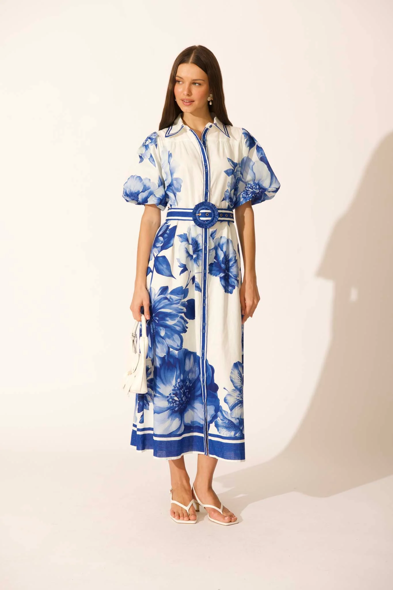 Zaraya Maxi Shirt Dress in Blue Floral Border Print Cotton - Image 5