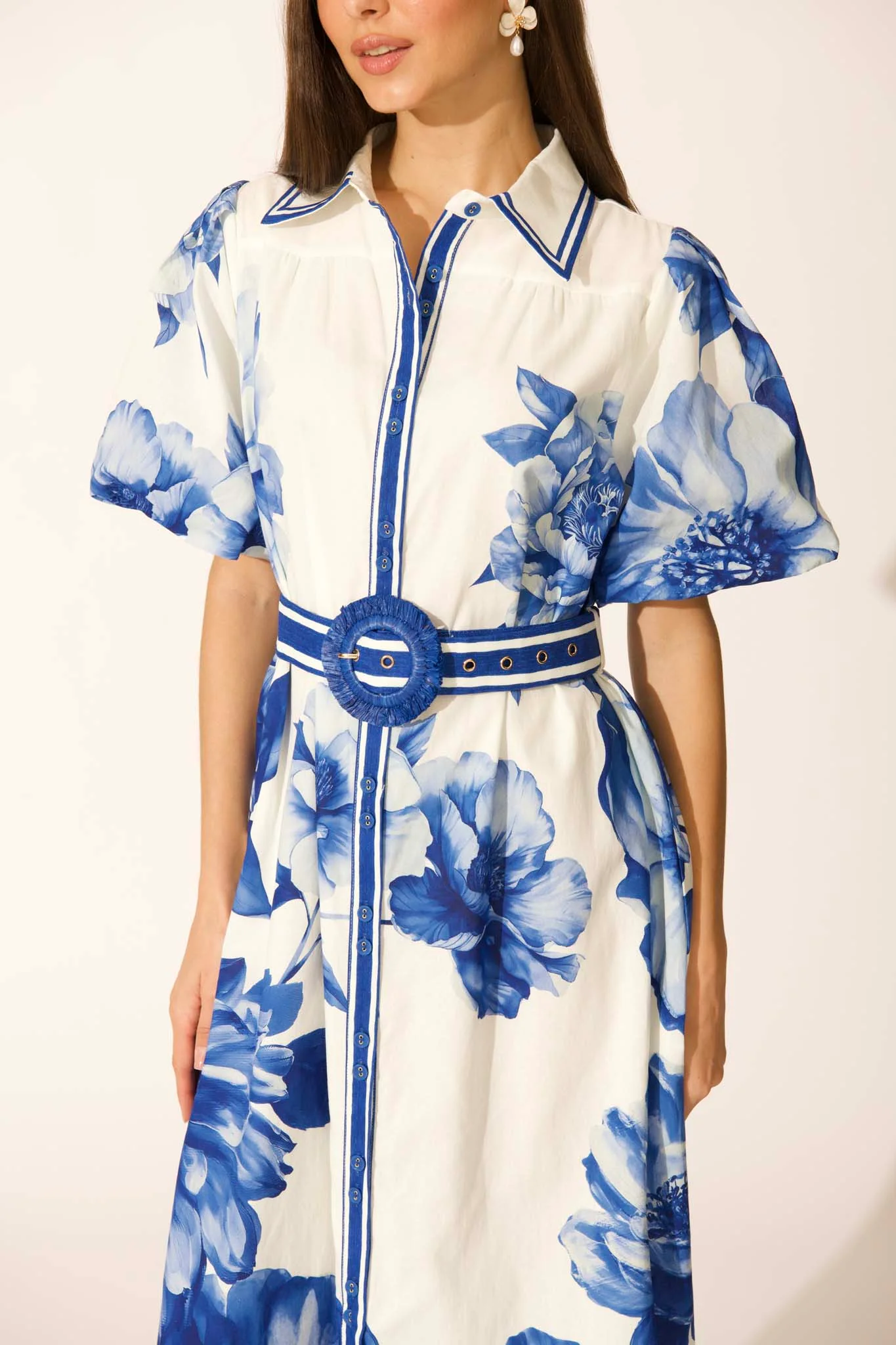 Zaraya Maxi Shirt Dress in Blue Floral Border Print Cotton - Image 6
