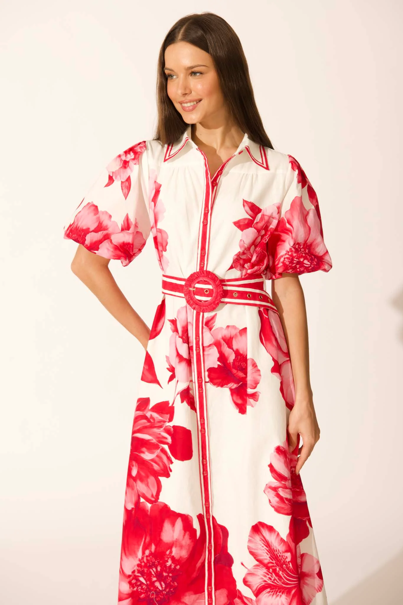 Zaraya Maxi Shirt Dress in Pink Floral Border Print Cotton - Image 2