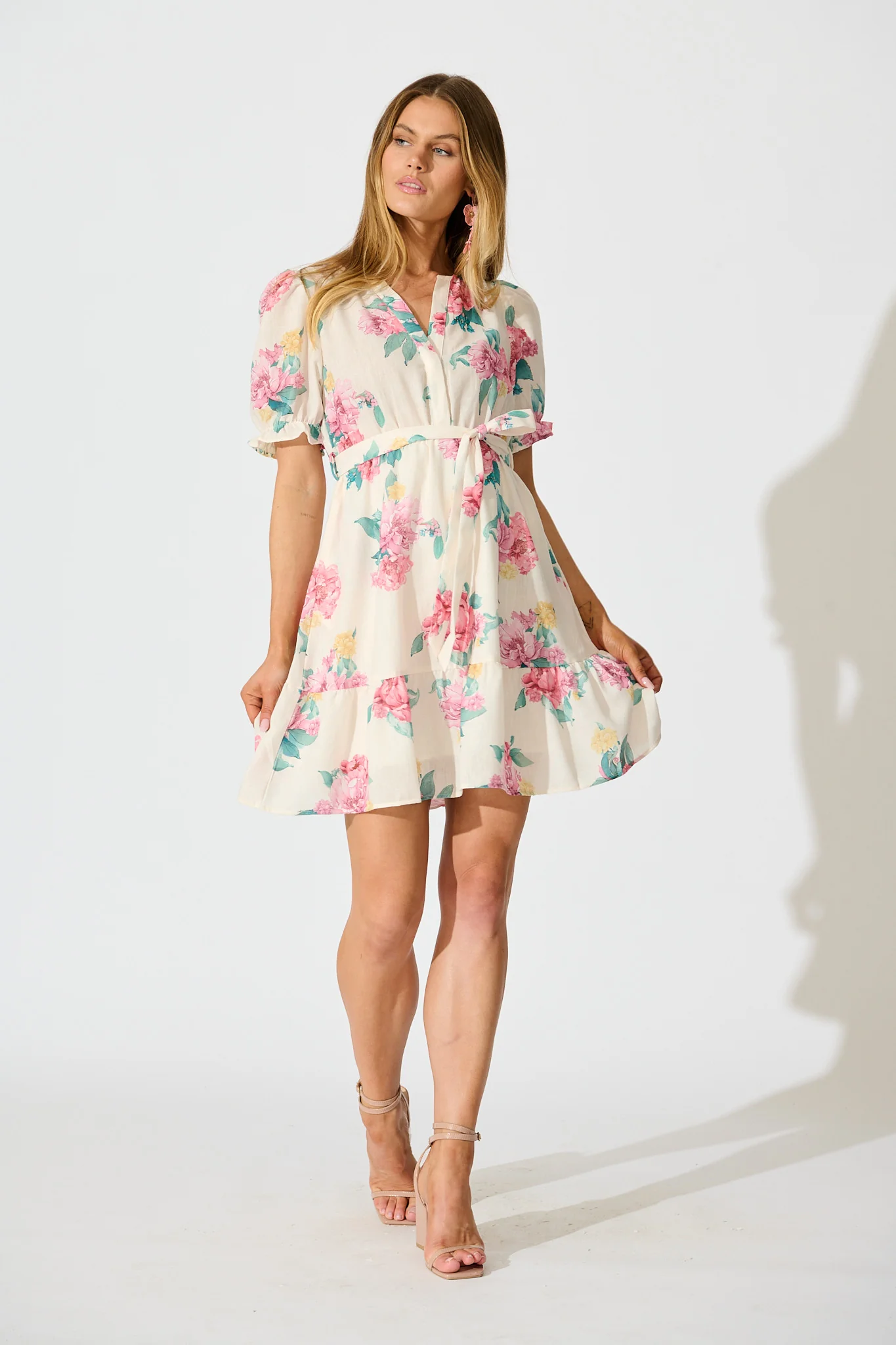 Zenayah Dress in Cream with Blush Floral Linen Blend