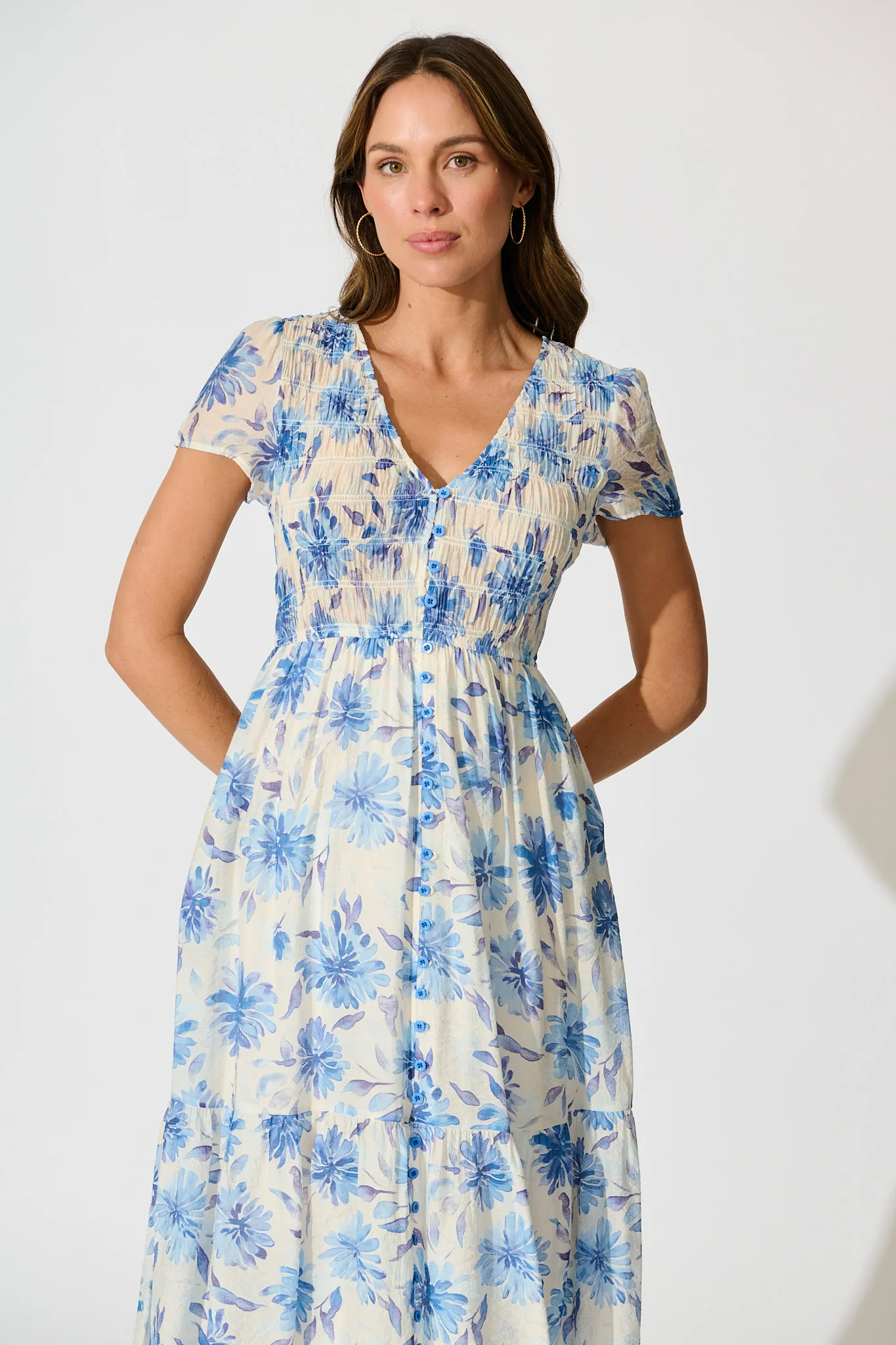 Zennith Midi Dress in Cream with Blue Floral - Image 2