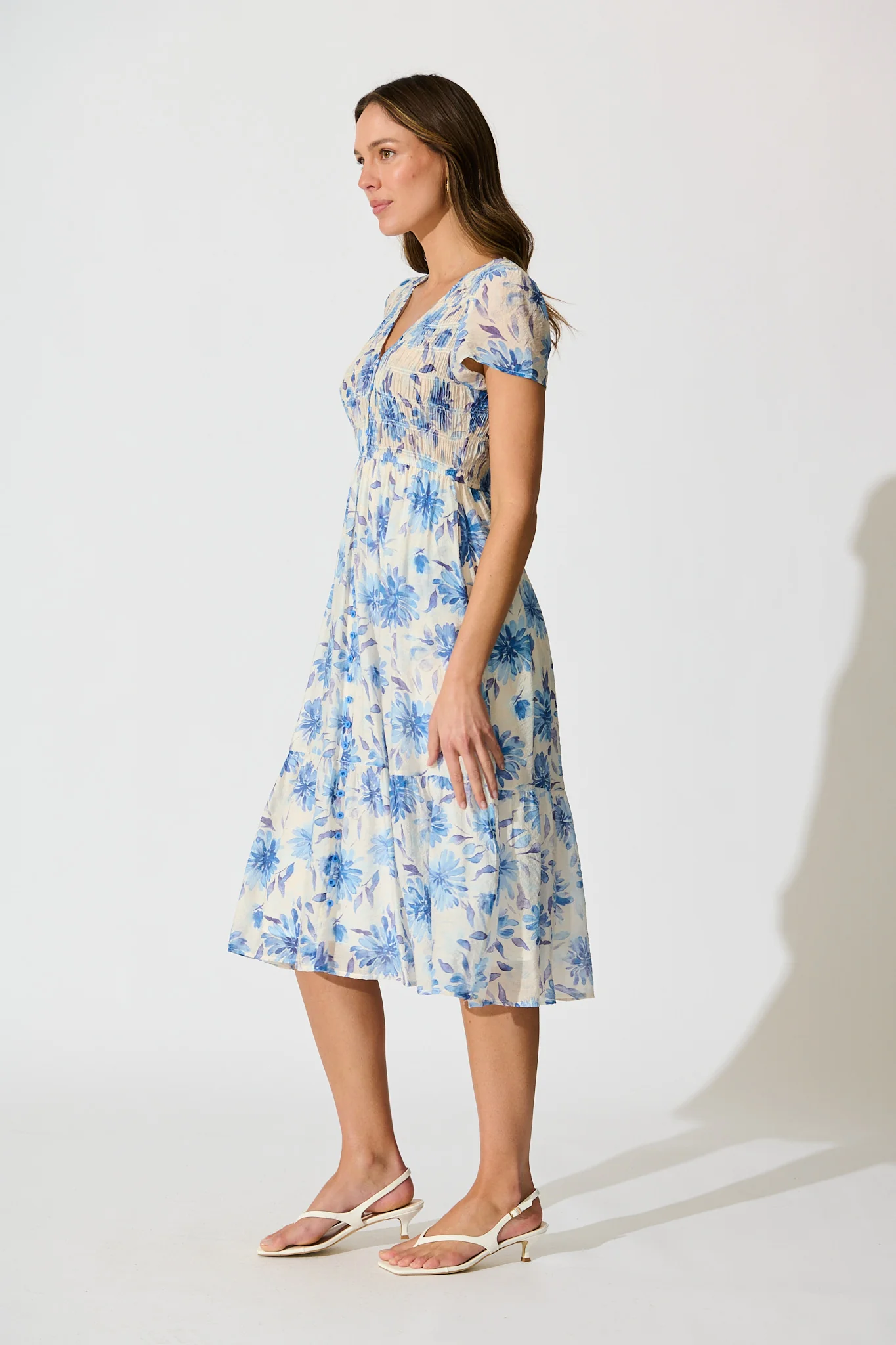 Zennith Midi Dress in Cream with Blue Floral - Image 3