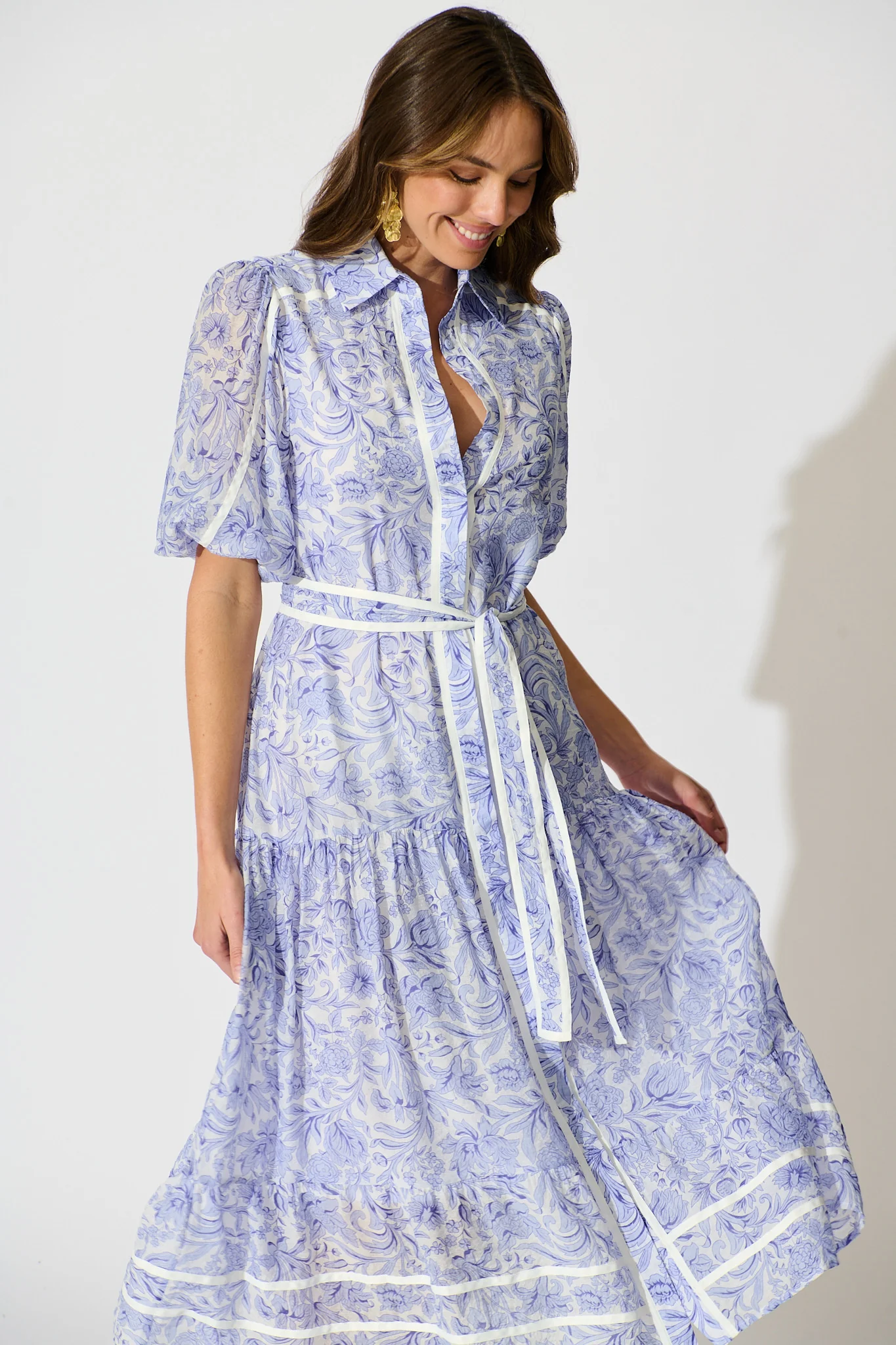 Zora Maxi Shirt Dress in Blue Floral Cotton Blend - Image 2