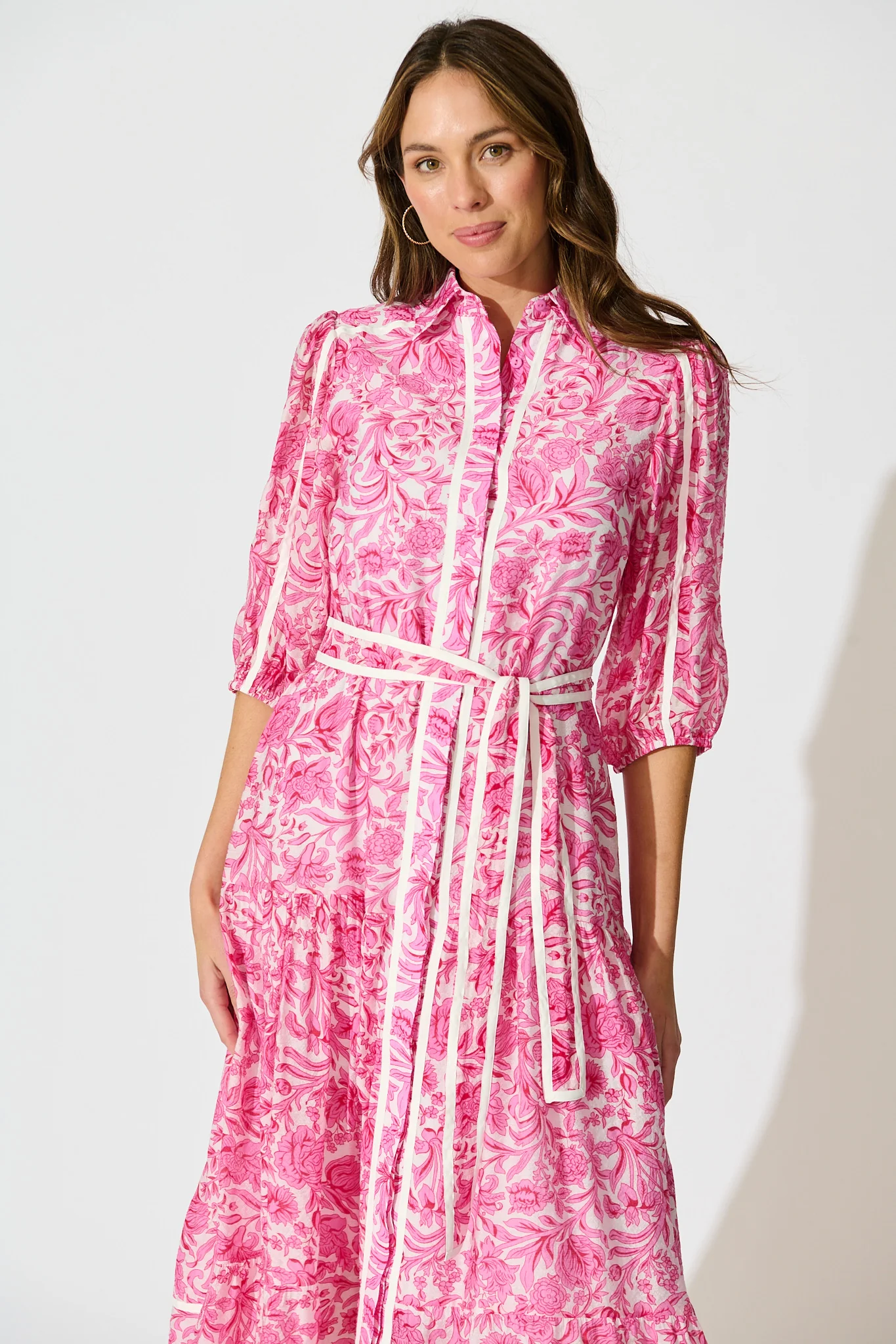 Zora Maxi Shirt Dress in Pink Floral Cotton Blend - Image 2